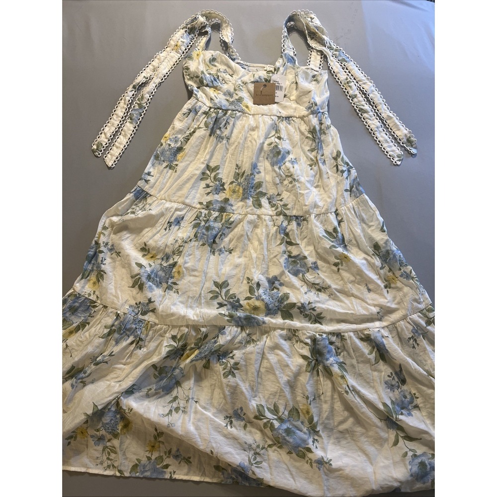 Blu Pepper Floral Maxi Dress Small White Blue Tie Strap Cottagecore Boho NWT M